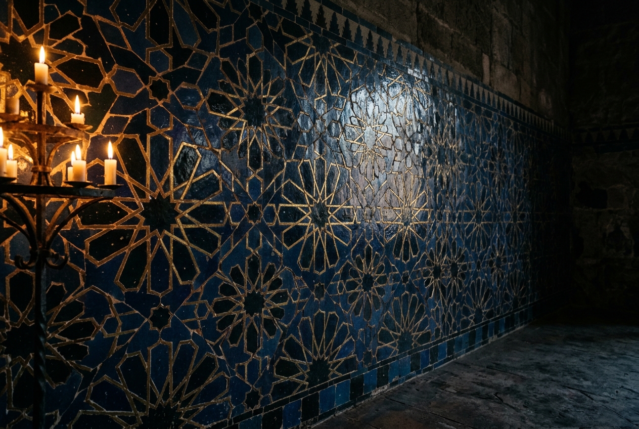 Andalusian zellige tile wall in midnight blue and gold, lit by candlelight