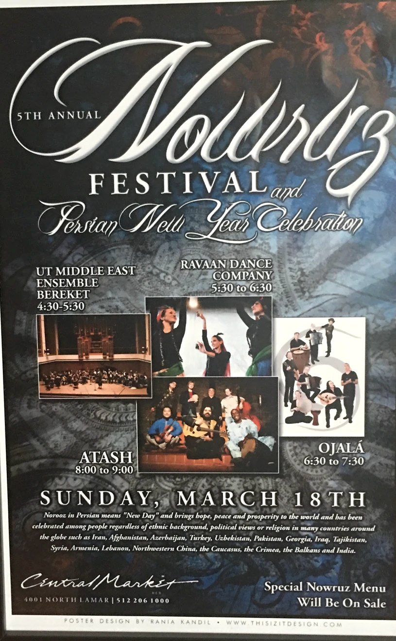 Framed poster for the 5th annual Nowruz Festival and Persian New Year Celebration at Central Market, featuring Ojalá